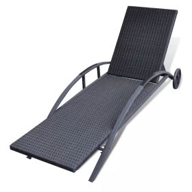vidaXL Sun Lounger with Cushion & Wheels Poly Rattan Black (Option: Macaron)