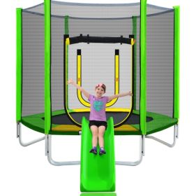 7FT Trampoline For Kids With Safety Enclosure Net, Slide And Ladder, Easy Assembly Round Outdoor Recreational Trampoline (Option: Macaron)